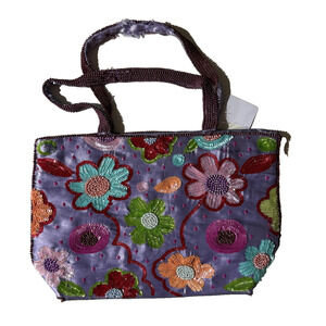 Handmade Floral Sequin Handbag Womens M Purple Satin Beaded Evening Purse Boho